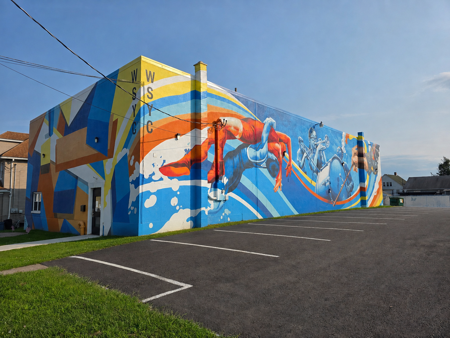 Building exterior with wrestling mural